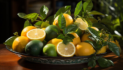 Sticker - Freshness of citrus fruit on wooden table, a healthy summer diet generated by AI