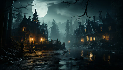 Sticker - Spooky night, dark Halloween, horror outdoors, mystery architecture, old fog generated by AI