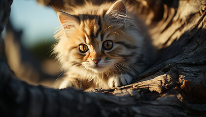 Canvas Print - Cute kitten sitting in grass, staring at camera with curiosity generated by AI