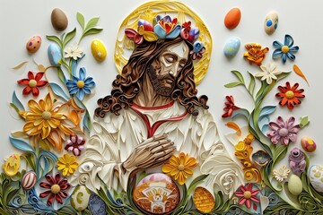 paper cut card jesus with easter eggs . Background with colorful Easter eggs