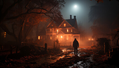 Canvas Print - Silhouette walking in dark forest, spooky mystery surrounds abandoned building generated by AI