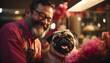 Smiling man with beard cuddles cute pug puppy outdoors generated by AI