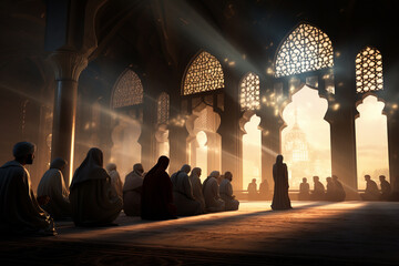 Wall Mural - Muslim man praying in the mosque at sunrise. Ramadan Kareem background