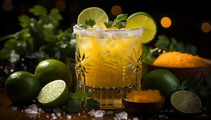 Canvas Print - Refreshing citrus cocktail with lime, lemon, and mint leaves generated by AI