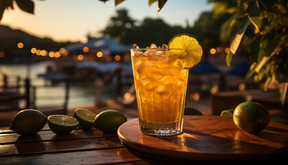 Poster - Refreshing summer cocktail on wooden table with citrus fruit and ice generated by AI