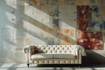 Canvas Print - A creative arrangement featuring a beige tufted sofa against a concrete wall showcasing a lively and colorful mosaic. The composition and sunlit adds visual interest and a playful touch to the scene.