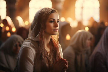 Wall Mural - Muslim woman praying in mosque at night. Ramadan Kareem celebration concept