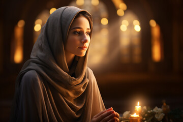 Wall Mural - Muslim woman praying in mosque at night. Ramadan Kareem celebration concept