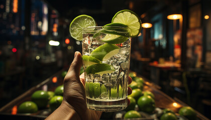 Canvas Print - Refreshing mojito cocktail with lime, ice, and fresh fruit slices generated by AI