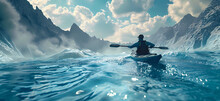 Man Kayaking And Rafting In A Blue Lake