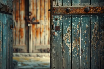 Weathered wooden door with aged texture, bathed in soft natural daylight. The room beyond holds a hint of mystery, inviting imagination, the vintage touch adds timeless appeal.