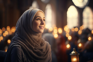 Wall Mural - Muslim Women praying in the mosque. Ramadan Kareem background