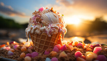 Wall Mural - Homemade ice cream cone with colorful toppings, perfect summer treat generated by AI