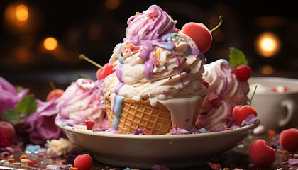 Poster - Freshness and sweetness in a homemade ice cream sundae celebration generated by AI