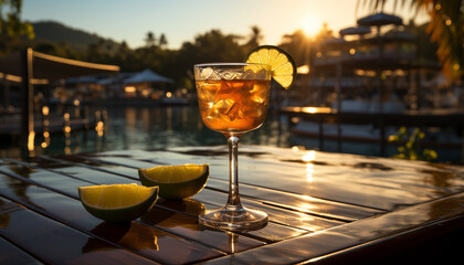 Canvas Print - Refreshing cocktail on a wooden table, summer night, nature backdrop generated by AI