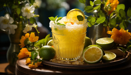 Canvas Print - Fresh citrus fruit cocktail on a wooden table, refreshing summer drink generated by AI