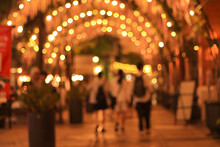 Blur Image Of Night Festival In A Restaurant And Market Street Walk With Bokeh For Background