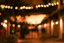 Blur Image Of Night Festival In A Restaurant And Market Street Walk With Bokeh For Background