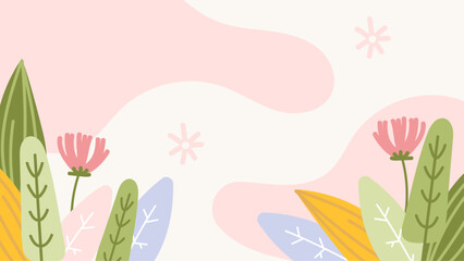 Poster - Colorful colourful vector illustrated floral spring background with flowers and leaves. Vector summer background with vegetation, flower, and leaf for poster, banner, and presentation