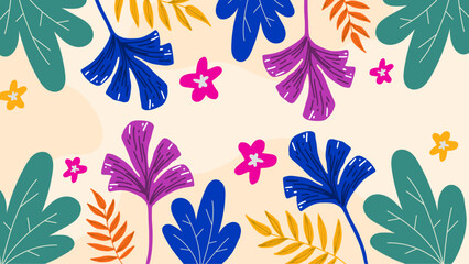 Poster - Colorful colourful vector illustrated floral spring background with flowers and leaves. Vector summer background with vegetation, flower, and leaf for poster, banner, and presentation