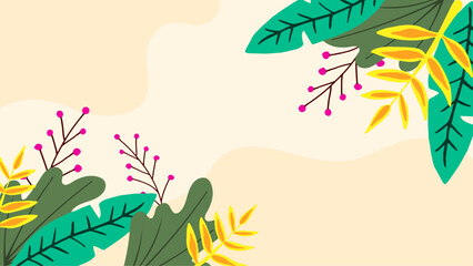 Poster - Colorful colourful vector illustration spring background with flowers and leaves. Vector summer background with vegetation, flower, and leaf for poster, banner, and presentation