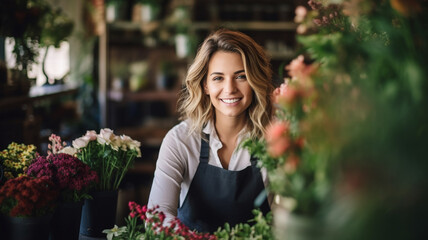 Wall Mural - happy young woman standing in her flower shop