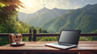 © sema_srinouljan - Workspace with laptop and coffee on wooden table with beautiful nature background. - digital nomad concept.