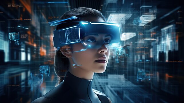 Concept of future technology or entertainment system, virtual reality. Female portrait lit by HUD interface. technology concept.
