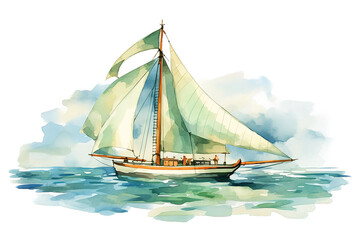 boat sailing on a calm ocean with a blue sky and white clouds isolated on a Transparent background. Generative AI