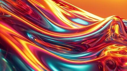 Wall Mural - Abstract fluid 3D render holographic iridescent neon curved wave in motion orange background. Gradient design element for banners, backgrounds, wallpapers, and covers.