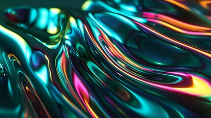 Wall Mural - Abstract fluid 3D render holographic iridescent neon curved wave in motion green background. Gradient design element for banners, backgrounds, wallpapers, and covers.