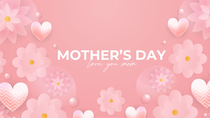 Wall Mural - Pink and white vector happy mother's day background design with heart. Happy mothers day event poster for greeting design template and mother's day celebration