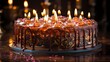 A chocolate cake with seven candles arranged in a circle on a glass table, reflecting the soft candlelight