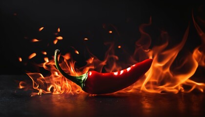 Wall Mural - Dark black background with red hot chilli pepper ablaze, creative fiery wallpaper