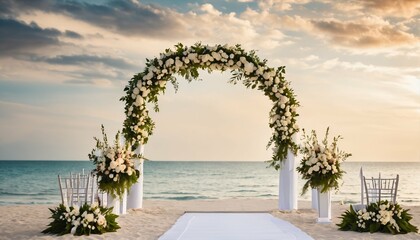 Wall Mural - Wedding ceremony setup on the beach: Wooden arch, flowers, and white walkway