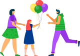 Fototapeta Młodzieżowe - Two women and a little girl with balloons, happy family celebrating. Mother, daughter, and aunt enjoying a party time. Family celebration and happiness concept vector illustration.