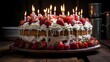 A delicious strawberry cake topped with whipped cream and a dozen lit candles, placed on a rustic wooden table