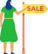 Woman pointing at sale signpost, cartoon style shopper looking for deals. Vector illustration of shopping promotion and discount event.