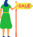 Fototapeta Młodzieżowe - Woman pointing at sale signpost, cartoon style shopper looking for deals. Vector illustration of shopping promotion and discount event.