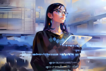 タブレット上のコーディングホログラムを操作する女性プログラマー