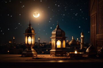 Wall Mural - Ramadan background design with moon, mosque, leant 