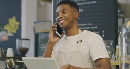 Leinwandbilder - Waiter, phone call in cafe with tablet for service, contact us or restaurant order and communication. Black man, barista and smartphone for talking, conversation or online bistro and small business
