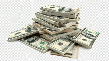 Wall Mural - Money Pile of packs of hundred dollar bills stacks isolated on transparent background