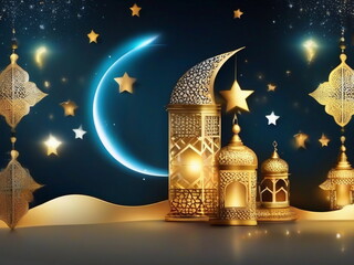 Wall Mural - Ramadan background design with moon, mosque, leant 