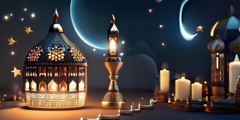 Wall Mural - Ramadan background design with moon, mosque, leant 