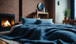 Bed with blue pillow and coverlet near fireplace  Loft interior design of modern bedroom with brick wall  style