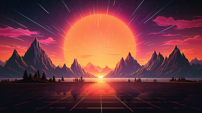 retro background futuristic landscape with sunset