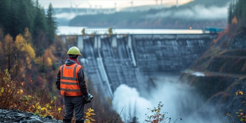 Wall Mural - An engineer in a reflective vest looking over a hydroelectric dam with wind turbines in the background.