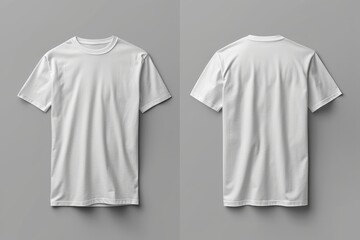 Wall Mural - Front and back view of a plain white t shirt on a grey background.