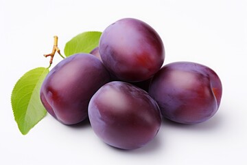 Wall Mural - purple plum isolated on a white background. violet fruit, a bunch of berries with leaves.